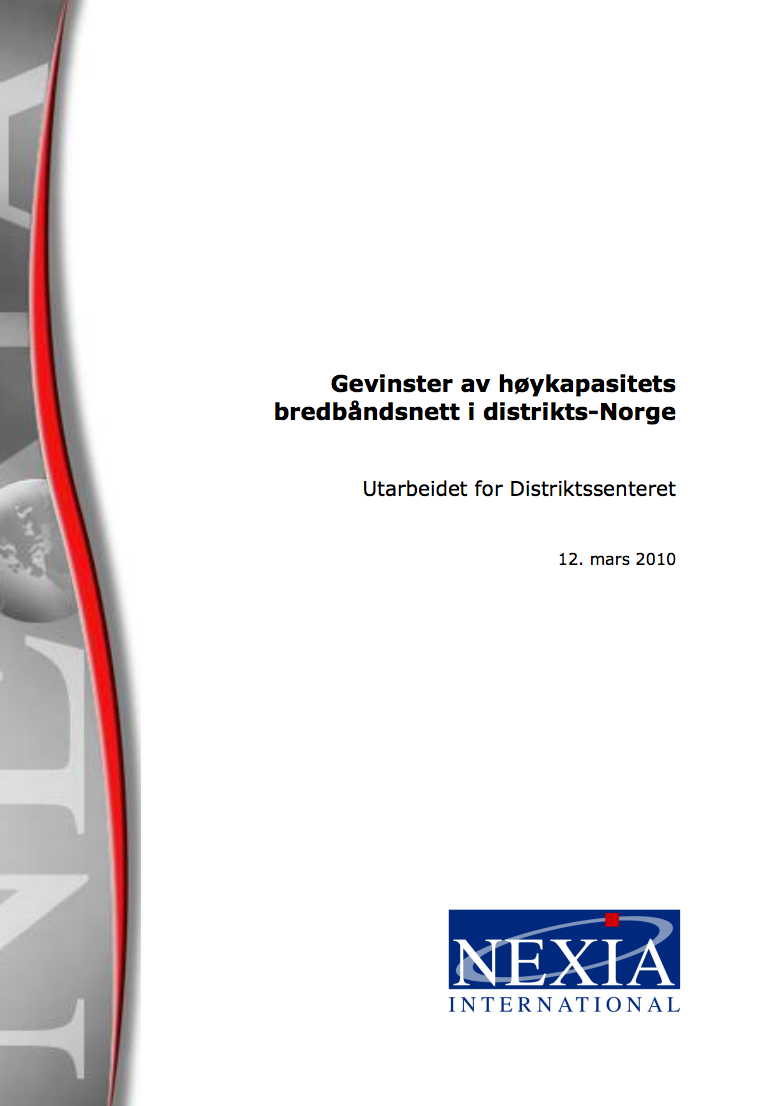 Framside av rapporten Gevinster av høykapasitets bredbåndsnett i Distrikts-Norge