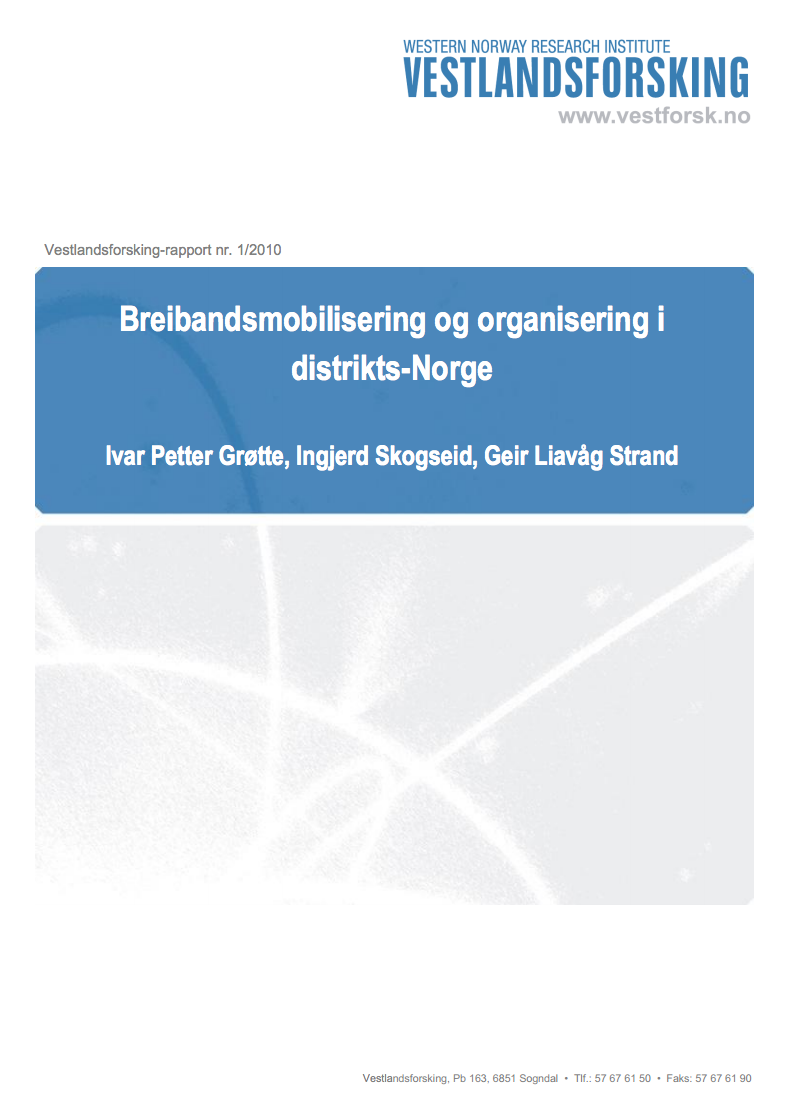 Framside av rapporten Breibandsmobilisering og organisering i distrikts-Norge