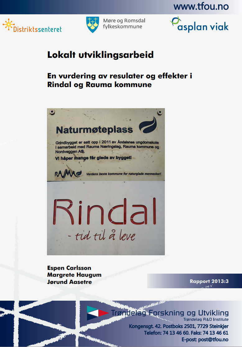 Framside av rapporten Lokalt utviklingsarbeid - en vurdering av resultater og effekter i RIndal og Rauma kommune