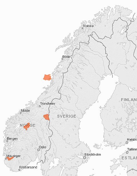 Kart over Norge. Forsand, Lom, Vega og Røros kommune er merka på kartet.
