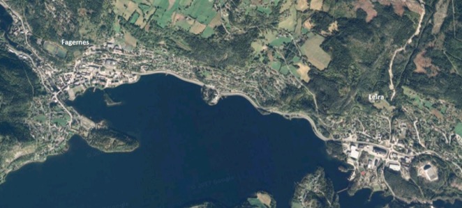 Satelittfoto av Fagernes og Leira. Skjermdump fra Google Maps