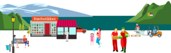 Illustrasjon som viser ulike ting og situasjoner som handler om nærbutikk. Grafikk.
