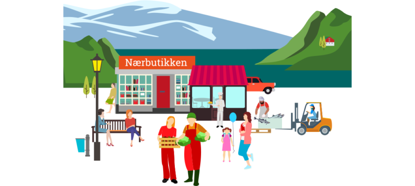 Illustrasjon som viser ulike ting og situasjoner som handler om nærbutikk. Grafikk.