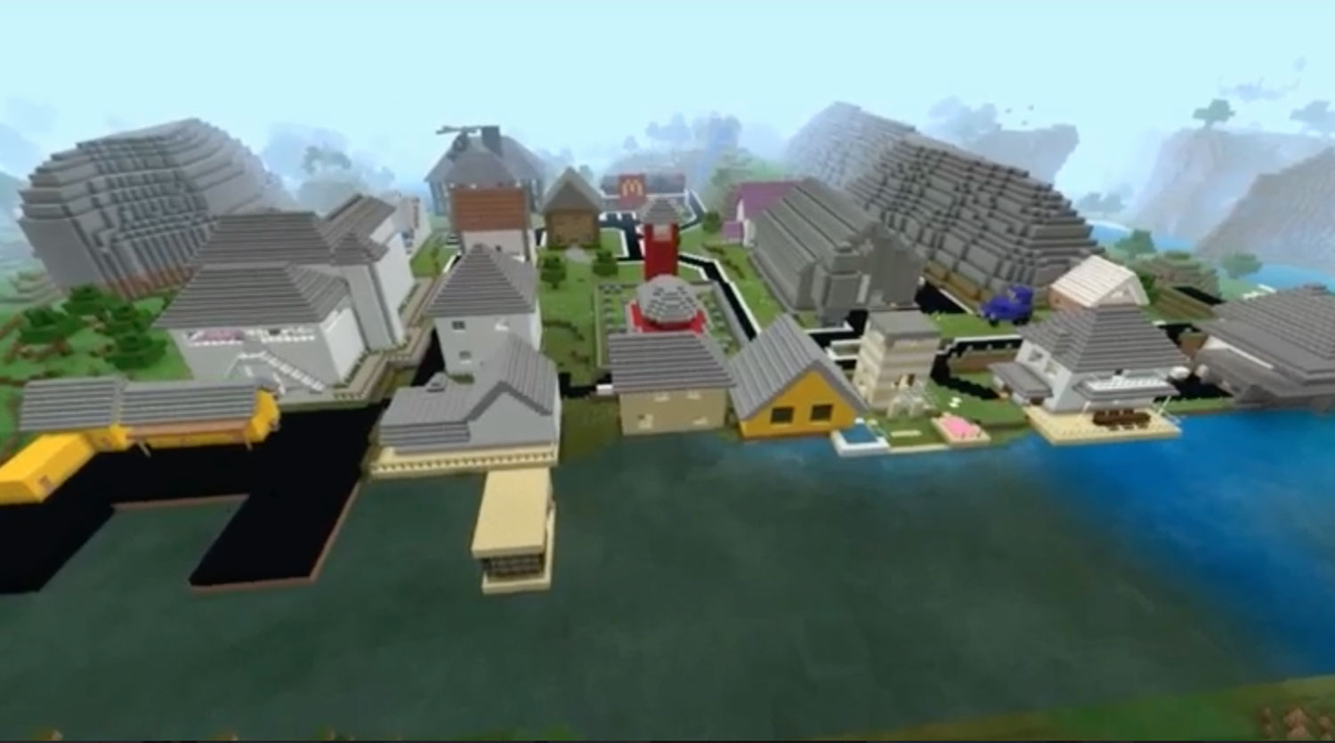 SKjemdump frå Minecraft. Viser bygningar langs fjorden.