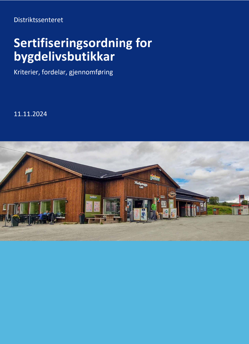 Bilde av forsiden av en rapport, med tittel og bilde av en butikkbygning med en himmel i bakgrunnen